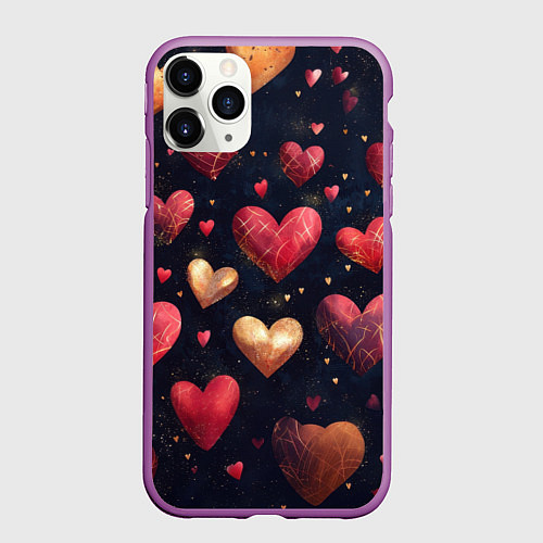 Чехол iPhone 11 Pro матовый Красные и золотые сердечки / 3D-Фиолетовый – фото 1