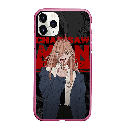 Чехол iPhone 11 Pro матовый Chainsaw man - Power fuck / 3D-Малиновый – фото 1