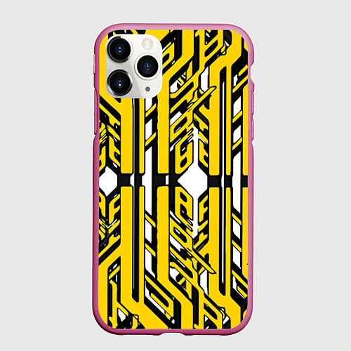 Чехол iPhone 11 Pro матовый Чёрно-жёлтые техно полосы на белом фоне / 3D-Малиновый – фото 1