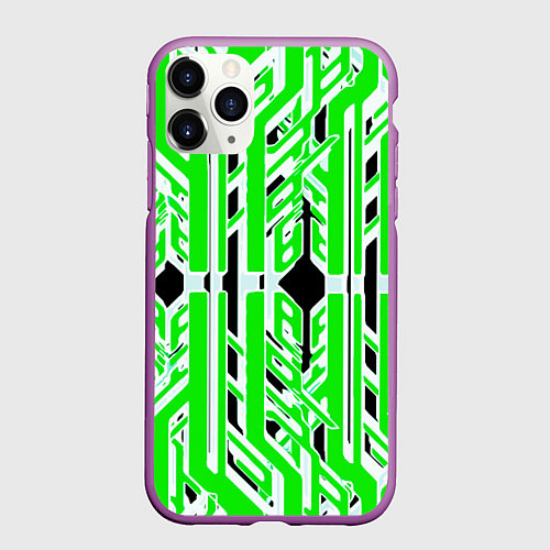 Чехол iPhone 11 Pro матовый Бело-зелёные техно полосы на чёрном фоне / 3D-Фиолетовый – фото 1