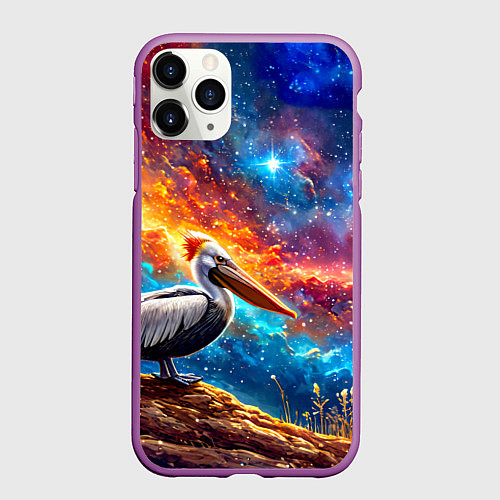 Чехол iPhone 11 Pro матовый Пеликан в космосе / 3D-Фиолетовый – фото 1
