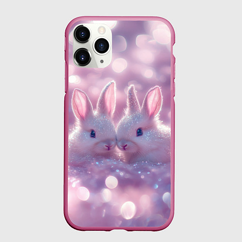 Чехол iPhone 11 Pro матовый Влюбленные зайчики / 3D-Малиновый – фото 1