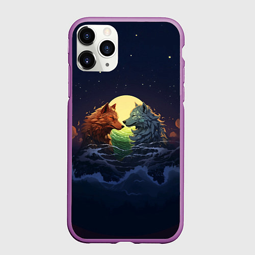 Чехол iPhone 11 Pro матовый Влюбленные волки под луной / 3D-Фиолетовый – фото 1