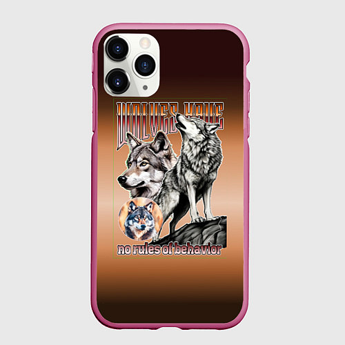 Чехол iPhone 11 Pro матовый Волки с надписью / 3D-Малиновый – фото 1