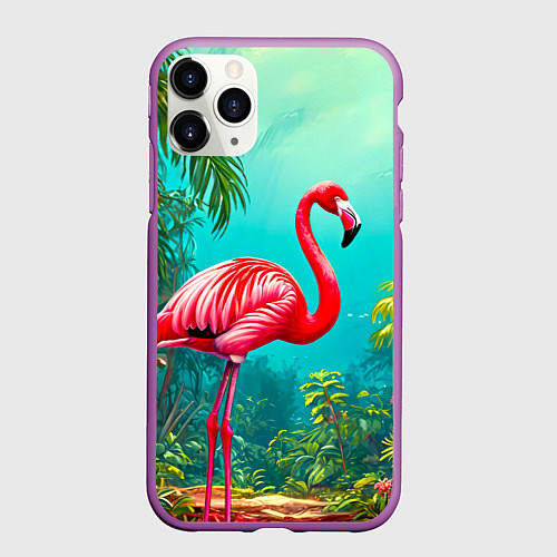 Чехол iPhone 11 Pro матовый Фламинго в джунглях / 3D-Фиолетовый – фото 1