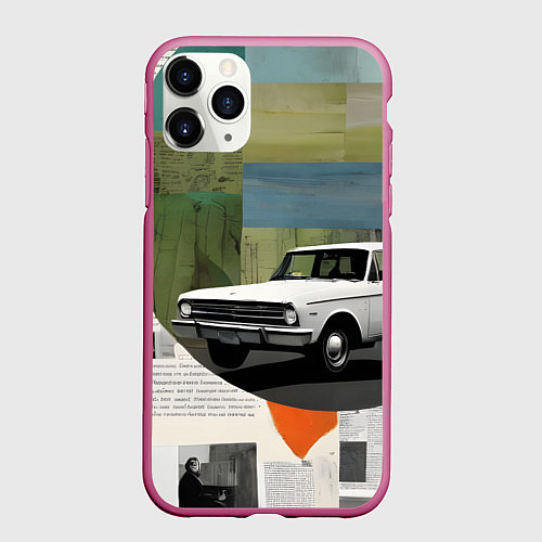 Чехол iPhone 11 Pro матовый Коллаж с ретро автомобилем / 3D-Малиновый – фото 1