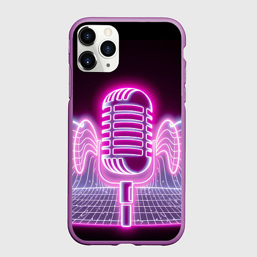 Чехол iPhone 11 Pro матовый Розовый неоновый микрофон / 3D-Фиолетовый – фото 1