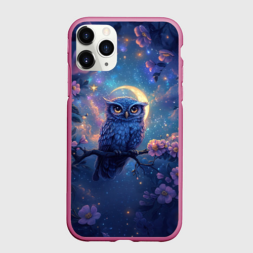 Чехол iPhone 11 Pro матовый Сова и фиолетовые цветы / 3D-Малиновый – фото 1