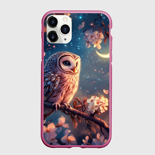 Чехол iPhone 11 Pro матовый Сова и месяц / 3D-Малиновый – фото 1