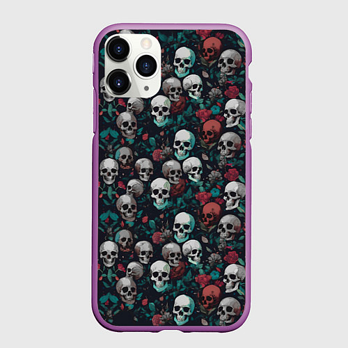 Чехол iPhone 11 Pro матовый Красные цветы и черепа / 3D-Фиолетовый – фото 1