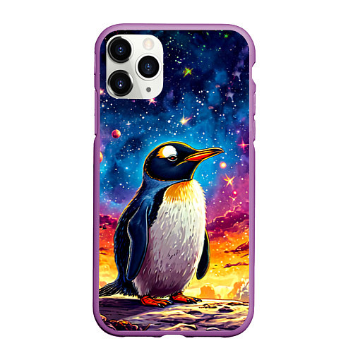Чехол iPhone 11 Pro матовый Пингвин в космосе / 3D-Фиолетовый – фото 1