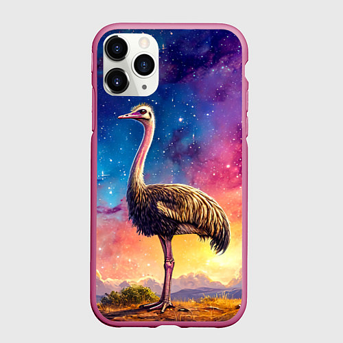 Чехол iPhone 11 Pro матовый Страус и звездное небо / 3D-Малиновый – фото 1