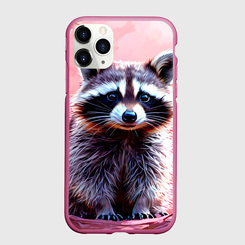 Чехол iPhone 11 Pro матовый Енот в розовом лесу / 3D-Малиновый – фото 1