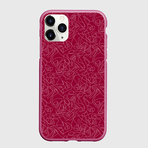 Чехол iPhone 11 Pro матовый Белые абстрактные каракули на красном / 3D-Малиновый – фото 1