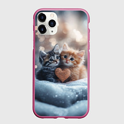 Чехол iPhone 11 Pro матовый Влюбленные котята с сердечком, цвет: 3D-малиновый
