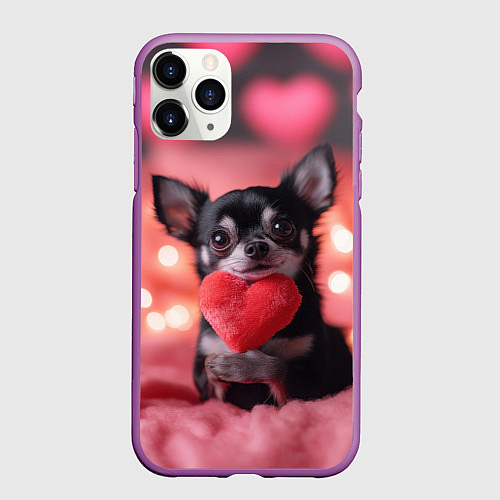 Чехол iPhone 11 Pro матовый Чихуахуа с сердечком / 3D-Фиолетовый – фото 1