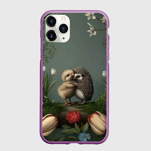 Чехол iPhone 11 Pro матовый Ежик и цыпленок обнимаются / 3D-Фиолетовый – фото 1