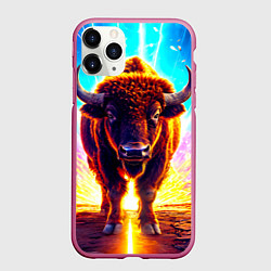 Чехол iPhone 11 Pro матовый Буйвол в неонновых лучах