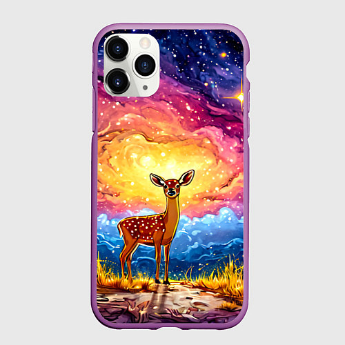 Чехол iPhone 11 Pro матовый Олень и космическое небо / 3D-Фиолетовый – фото 1
