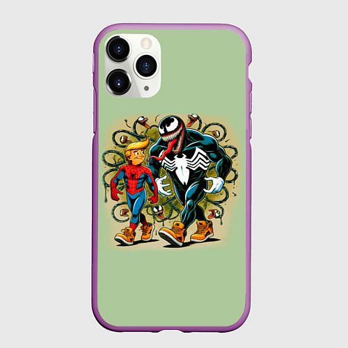 Чехол iPhone 11 Pro матовый Venom and Spider-Trump - meme / 3D-Фиолетовый – фото 1