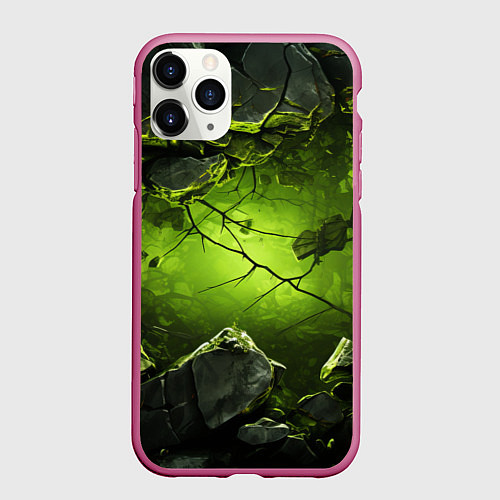 Чехол iPhone 11 Pro матовый Зеленые разбитые плиты / 3D-Малиновый – фото 1