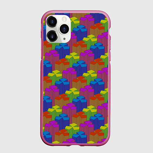 Чехол iPhone 11 Pro матовый Изометрический узор из разноцветных блоков / 3D-Малиновый – фото 1