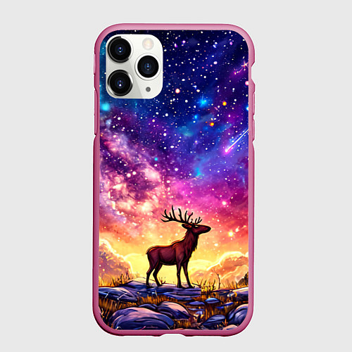 Чехол iPhone 11 Pro матовый Лось и звездное небо / 3D-Малиновый – фото 1