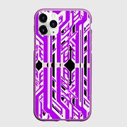 Чехол iPhone 11 Pro матовый Бело-фиолетовые техно полосы на чёрном фоне, цвет: 3D-фиолетовый