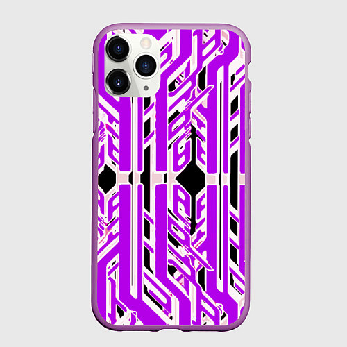 Чехол iPhone 11 Pro матовый Бело-фиолетовые техно полосы на чёрном фоне / 3D-Фиолетовый – фото 1