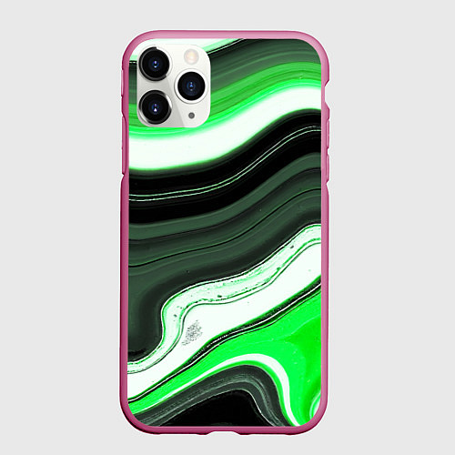 Чехол iPhone 11 Pro матовый Волнистые горизонтальные чёрно-зелёные полосы на б / 3D-Малиновый – фото 1
