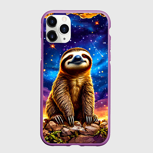 Чехол iPhone 11 Pro матовый Ленивец и звездное небо / 3D-Фиолетовый – фото 1