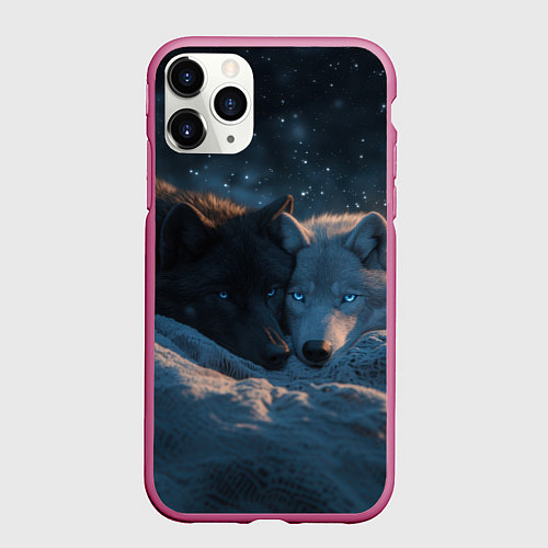 Чехол iPhone 11 Pro матовый Влюбленные волки лежат вместе / 3D-Малиновый – фото 1