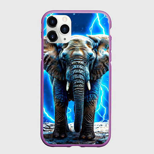 Чехол iPhone 11 Pro матовый Слон в разрядах солнии / 3D-Фиолетовый – фото 1