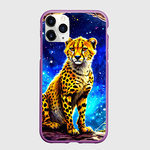 Чехол iPhone 11 Pro матовый Гепард в звездную ночь / 3D-Фиолетовый – фото 1