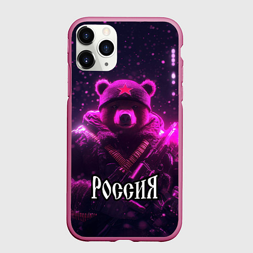 Чехол iPhone 11 Pro матовый Военный медведь в фиолетовом неоне / 3D-Малиновый – фото 1