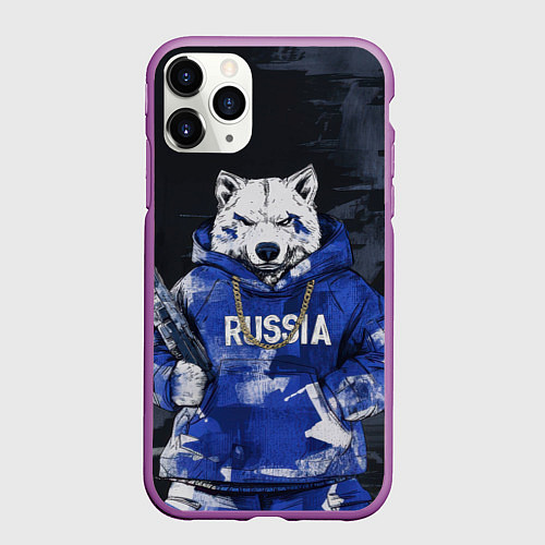 Чехол iPhone 11 Pro матовый Русский волк с автоматом / 3D-Фиолетовый – фото 1