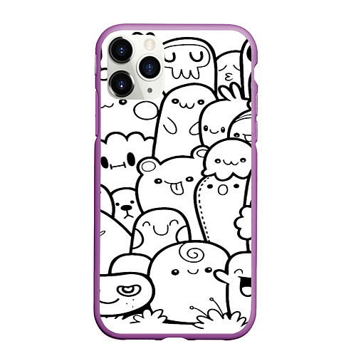 Чехол iPhone 11 Pro матовый Doodle monsters / 3D-Фиолетовый – фото 1
