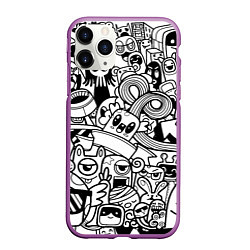 Чехол iPhone 11 Pro матовый Black and white doddle monsters, цвет: 3D-фиолетовый