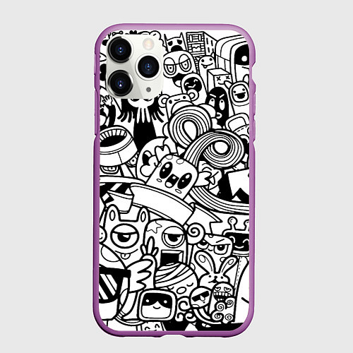 Чехол iPhone 11 Pro матовый Black and white doddle monsters / 3D-Фиолетовый – фото 1