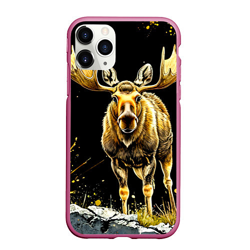 Чехол iPhone 11 Pro матовый Лось на черном / 3D-Малиновый – фото 1