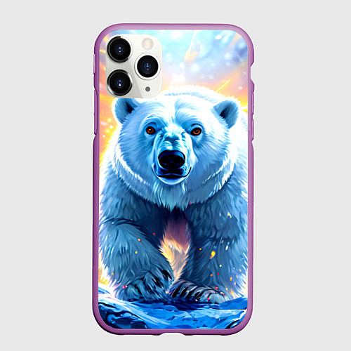 Чехол iPhone 11 Pro матовый Белый медведь идет по льдине / 3D-Фиолетовый – фото 1