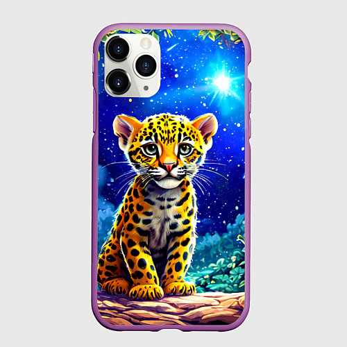 Чехол iPhone 11 Pro матовый Ягуар в звездную ночь / 3D-Фиолетовый – фото 1