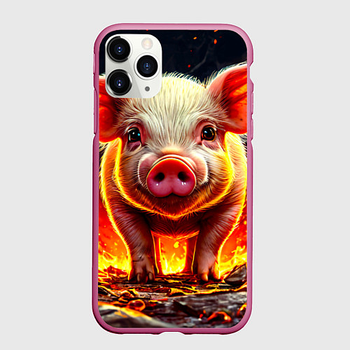 Чехол iPhone 11 Pro матовый Свинка в огне / 3D-Малиновый – фото 1