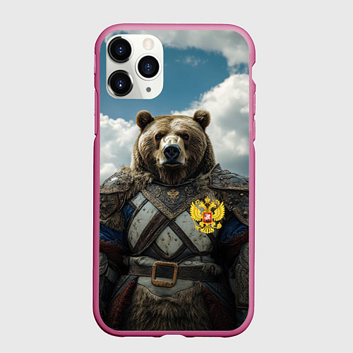 Чехол iPhone 11 Pro матовый Русский медведь воин / 3D-Малиновый – фото 1