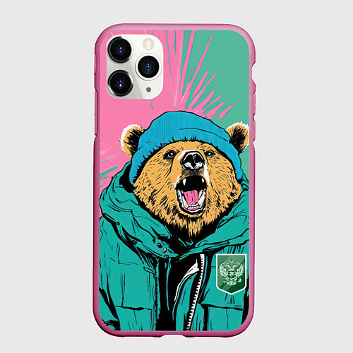 Чехол iPhone 11 Pro матовый Злой медведь в зимней одежде / 3D-Малиновый – фото 1