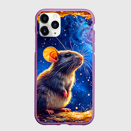 Чехол iPhone 11 Pro матовый Крыса и космическое небо / 3D-Фиолетовый – фото 1