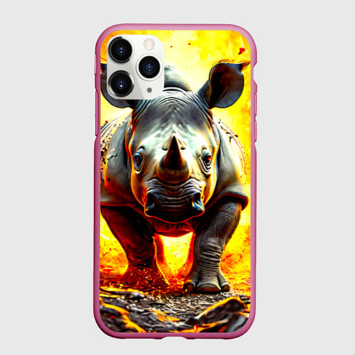 Чехол iPhone 11 Pro матовый Носорог в огне / 3D-Малиновый – фото 1