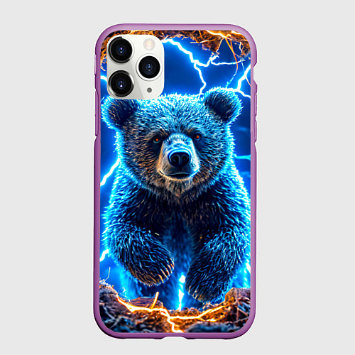 Чехол iPhone 11 Pro матовый Медведь и молния / 3D-Фиолетовый – фото 1