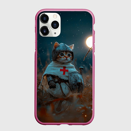 Чехол iPhone 11 Pro матовый Котенок рыцарь / 3D-Малиновый – фото 1