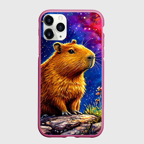 Чехол iPhone 11 Pro матовый Капибара и звездная ночь / 3D-Малиновый – фото 1